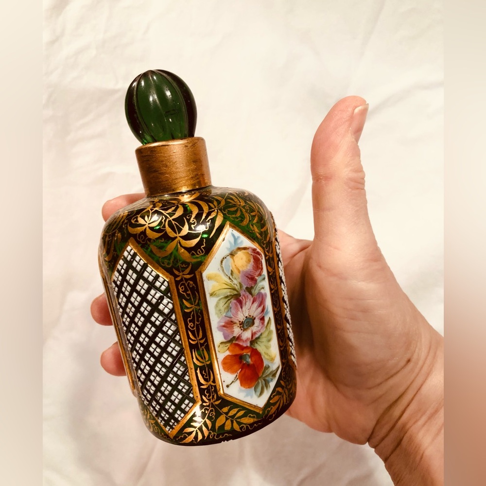 Vintage Hand-Painted Floral Glass Perfume Bottle in Green and Gold